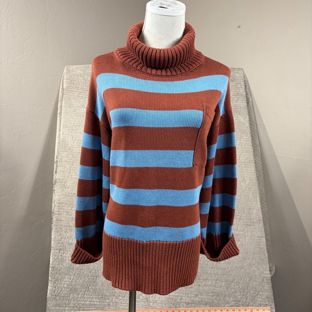 Lafayette 148 New York Cotton Silk Striped Turtleneck Sweater Rust Blue M/L